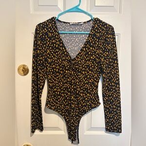 Lush Navy and Mustard Printed Long-Sleeve One Piece Bodysuit